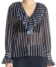 Rachel Roy Navy Combo Stripe Ruffle Blouse Sheer Material Classy, Elegant NWT