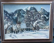 oil painting  1940 Winter Church Scene  downhill signed JEAN