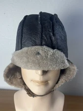 Vintage Aviator Pilot Trapper Hat Large Brown Leather Cap Chin Strap Retro