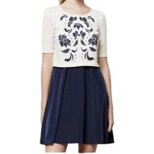 Lilka Cream Navy Blue Short Sleeve Embroidered Cutout Flower Mini Dress Size XS