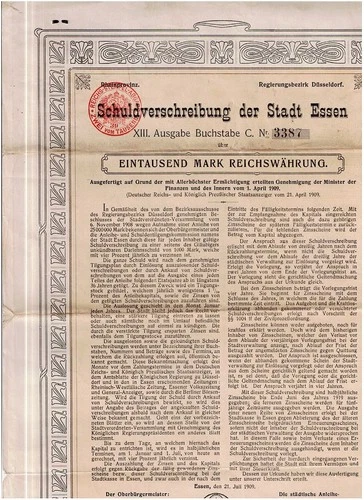 TAA #26 City of Essen, Essen 1909. SV 1000 Mark Rw., very rare unpunched/coupons
