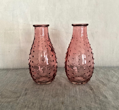 2 Vintage Hobnail Embossed Depression Pink Glass 5.5'' Medicine Bottles - Nice!!