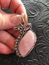 Artisan Pink Rose Quartz Flower Motif Asymmetrical Pendant 2"