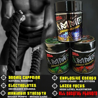 AMMO Energy Reload Pre Workout powder Berry 300mg Caffeine Zero Sugar 30serv USA