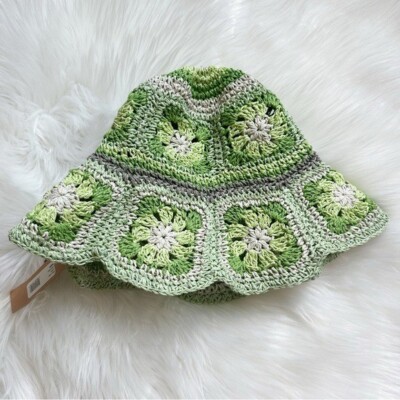 Steve Madden Crochet Floral Paper Straw Boho Hippie Bucket Hat Lime Green OS