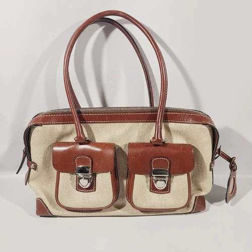 DOONEY & BOURKE Cream Signature Mono Canvas Brown Leather Double Pocket Satchel
