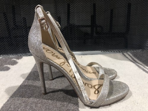 metallic silver ankle strap heels