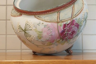 Nippon Hand Painted Rose Footed Bowl 6x6 Moriage Beaded Gold  Meiji 1891 1911