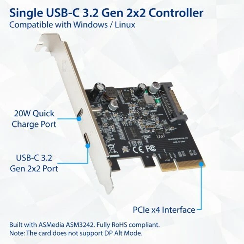 Syba SI-PEX20240 USB-C 3.2 Gen 2x2 + 20W QC Port PCI-e Gen 3 x4 Expansion Card - Image 2 of 4