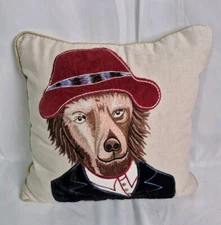 Pier 1 One Embroidered Throw Pillow Dog Blue Suit Red Hat 13” x 13” Tan EUC