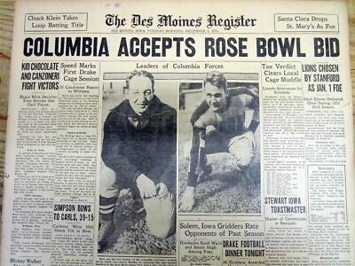 1933 newspaper COLUMBIA UNIVERSITY ''LIONS'' go to college football ROSE BOWL GAME
