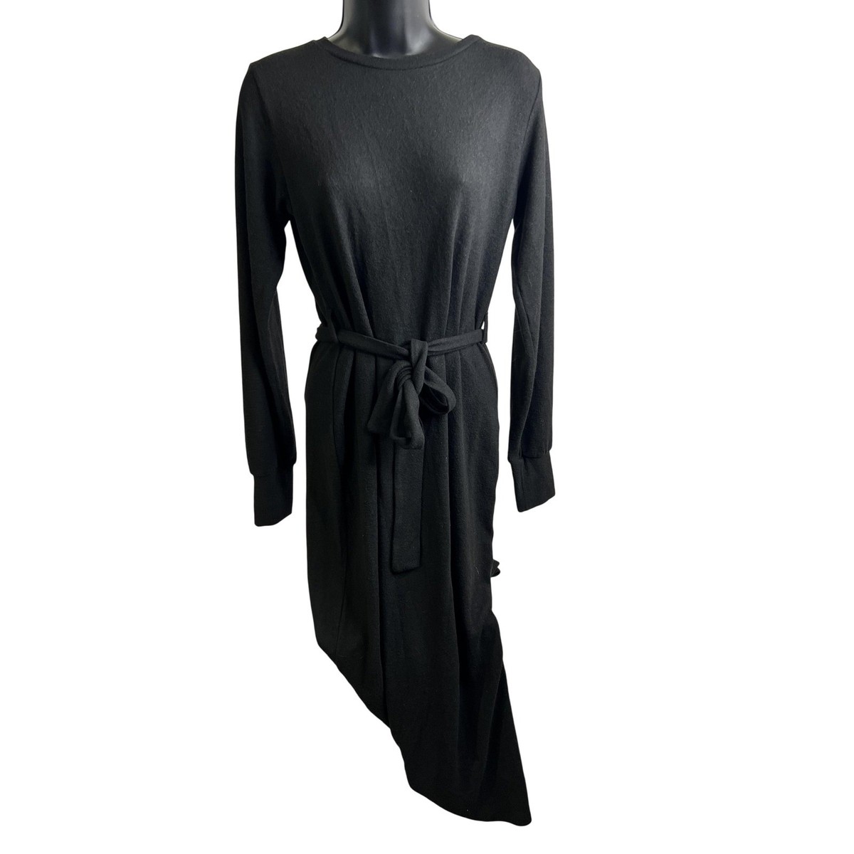 Topshop Dress Womens US 6 Black Long Sleeve Belted Midi Asymmetrical Hem  New | eBay