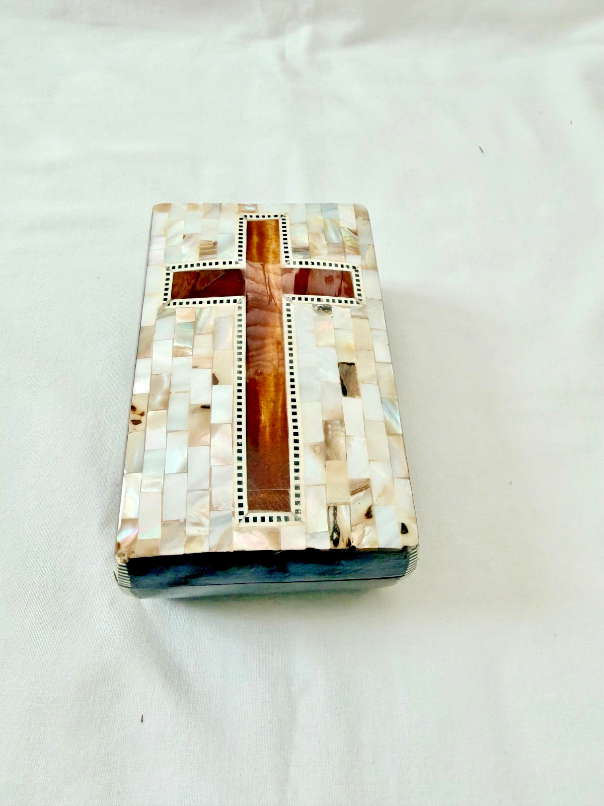 Egyptian Inlaid Mother of Pearl Cross Christian Jewelry Box Handmade 4.25" #1721