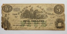 1864 $5 The State of Alabama, Montgomery, No 5753 Circulated Treasury Note