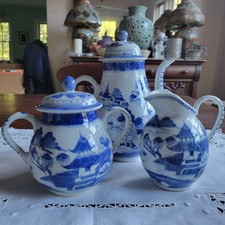 Antique Qing Chinese Export Blue & White Canton Willow Porcelain Coffee Pot Set