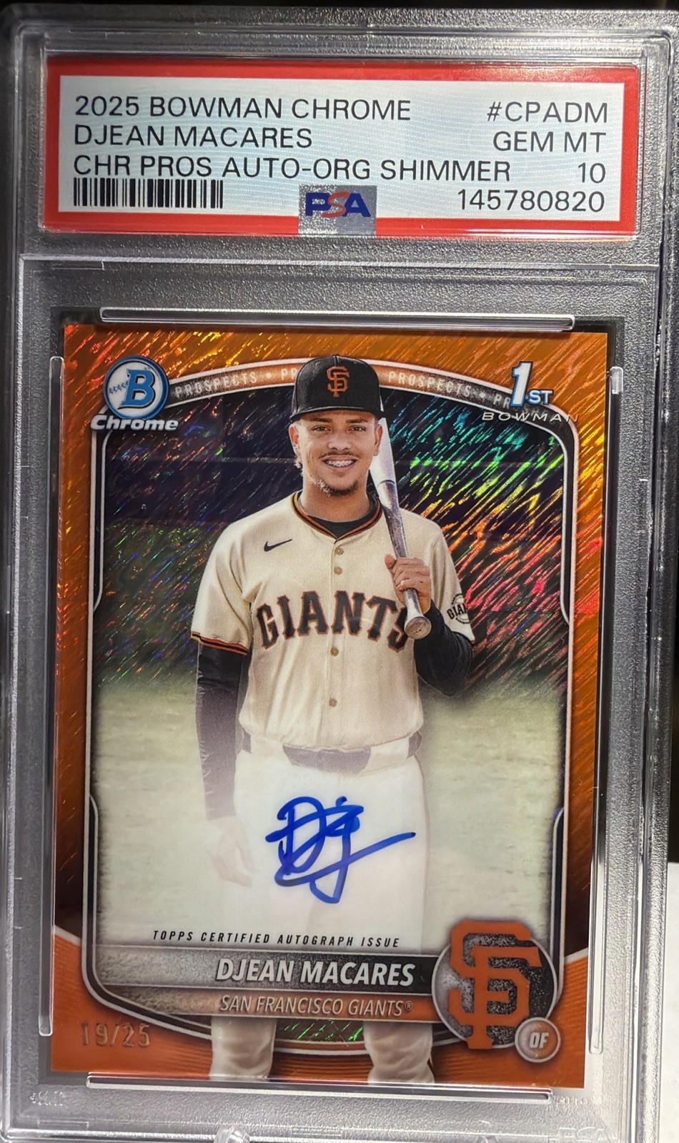 2025 Bowman Chrome Prospect 1st Autographs Orange Shimmer Djean Macares #19/25