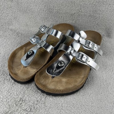 Birkenstock Sparta Double Strap 37 Birkoflor Sandals Metallic Silver Toe Post