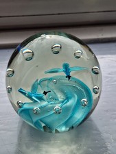 Glass paperweight. Blue wave with flying fish. Controlled bubbles