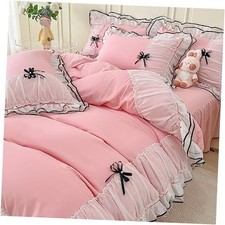 Pink Duvet Cover Size, Ruffle Beddding Set with Bowtie, 3 Queen Light Pink