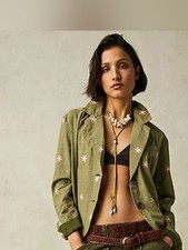 Free People Olive Green Floral-Embroidered Women's Blazer XS