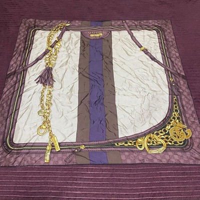 Gucci Silk Scarf 90cm Chain Tassel Print Purple Brown Luxury Square Made Italy