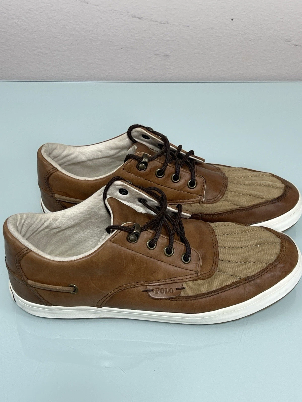 Polo Ralph Lauren Ramiro Men’s 9 Brown Leather Canvas Boat Shoes Casual