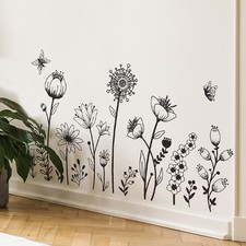Simple Boho Black Flower Wall Decals - Modern Floral Wildflower Wall Art Sticker