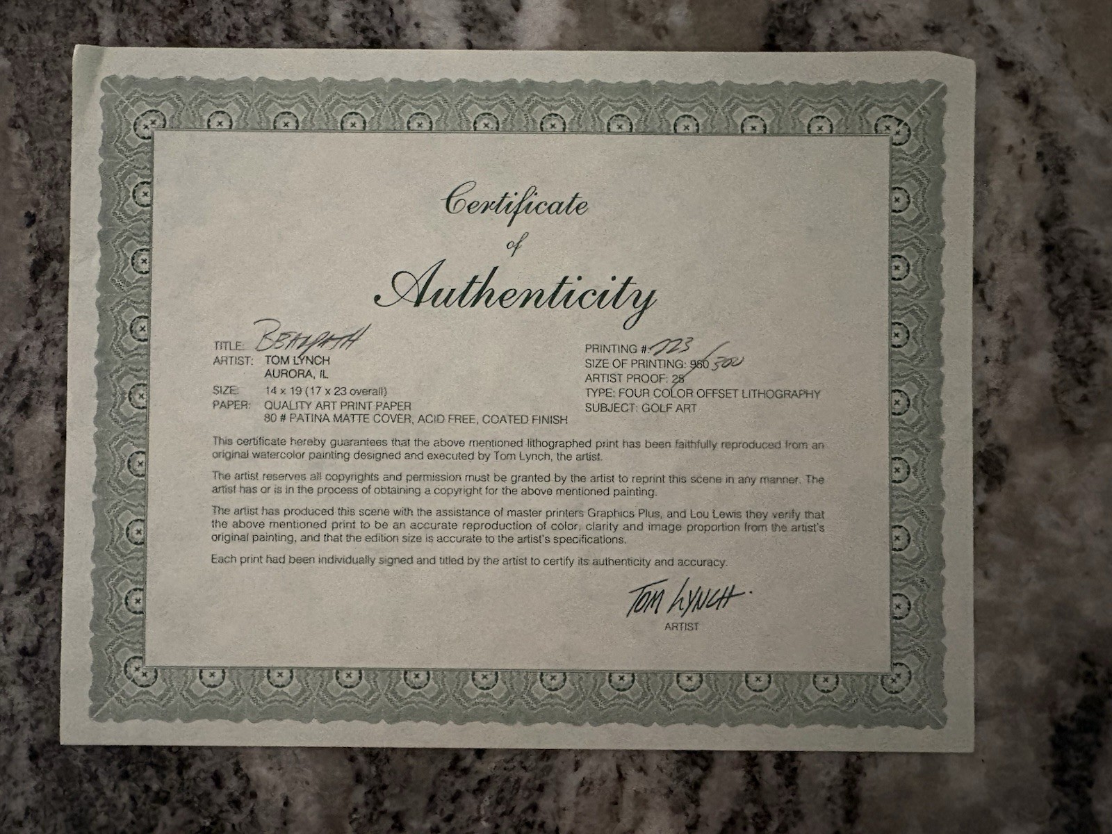 Tom Lynch Bearpath Golf Club 17x22 Lithograph Print COA 223/300 Jack Nicholas