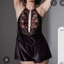 NWOT Thistle and Spire Persephone Teddy Black Satin Halter Romper Lingerie SMALL