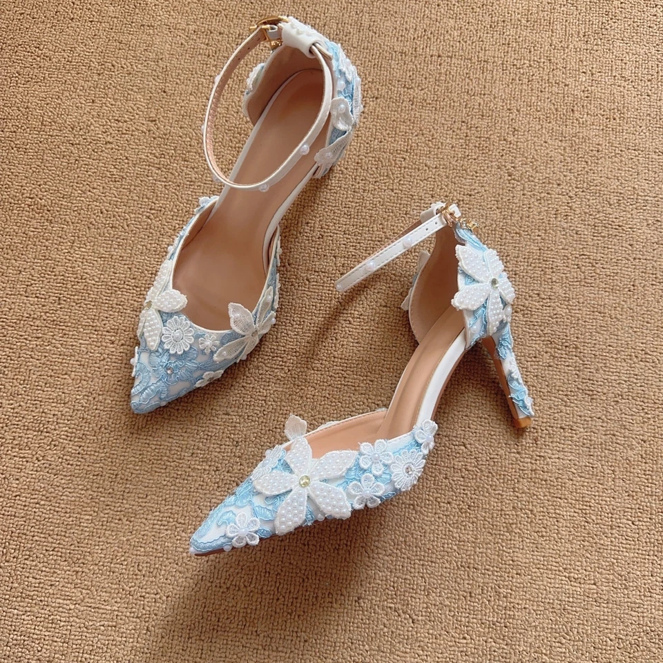 Light blue lace pearl flower pointed-toe ankle-strap high-heeled women's sandals - Image 2 of 4