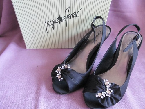 Jacqueline Ferrar Open Toe Satin Black Dress Shoes Sling Back Gems 6.5 Abigail - Picture 9 of 9