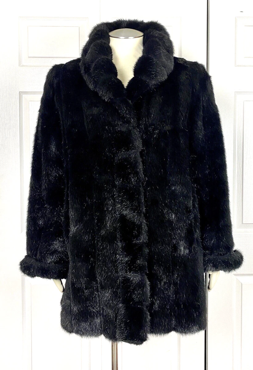 Pamela McCoy Collections Mid Length Black Faux Fur Coat W/ Pockets Size M  /READ | eBay