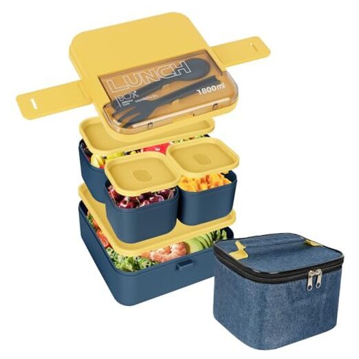 Linkidea Bento Box with Lunch Bag, Reusable Food Container with Double Blue