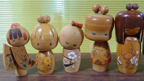 Lalka Kokeshi Zestaw 5 japońskich drewnianych Kawaii Dziewczyna Vintage S51 - Zdjęcie 1 z 7