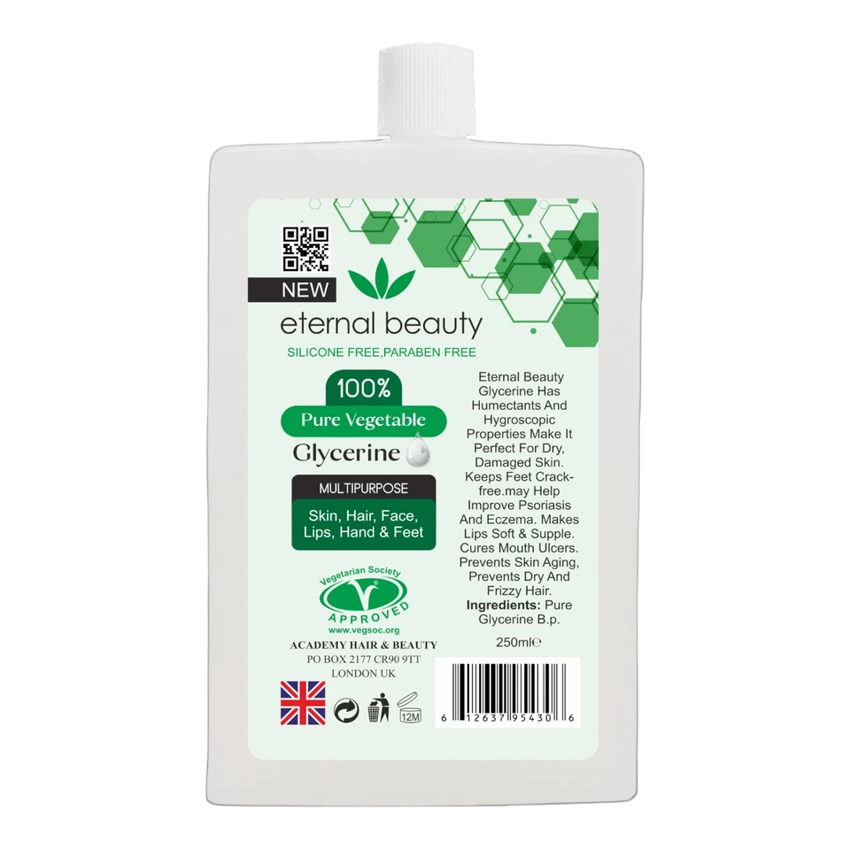 ETERNAL BEAUTY Pure Vegetable Glycerine / Glycerol, USP & Cosmetic Grade, Kosher, 250ml