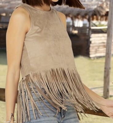 Women's Plus Size Fringe Suede Cami Top - Boho Cowgirl Tassel Embroidered Camisole