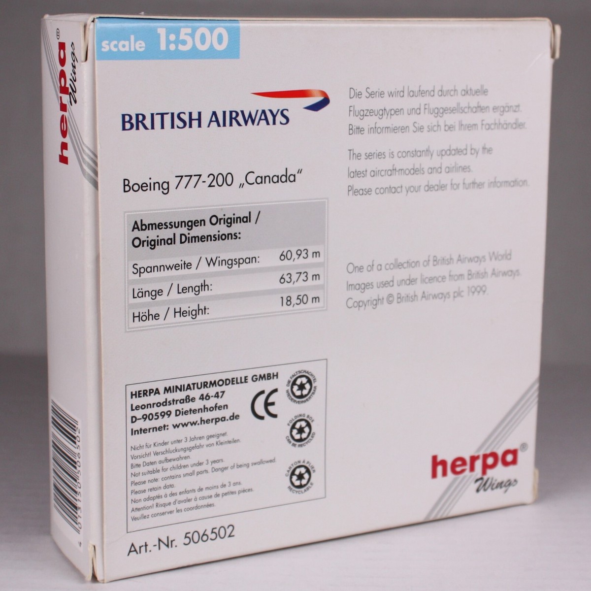 Herpa 506502 British Airways Canada Boeing 777-200 1:500 Model