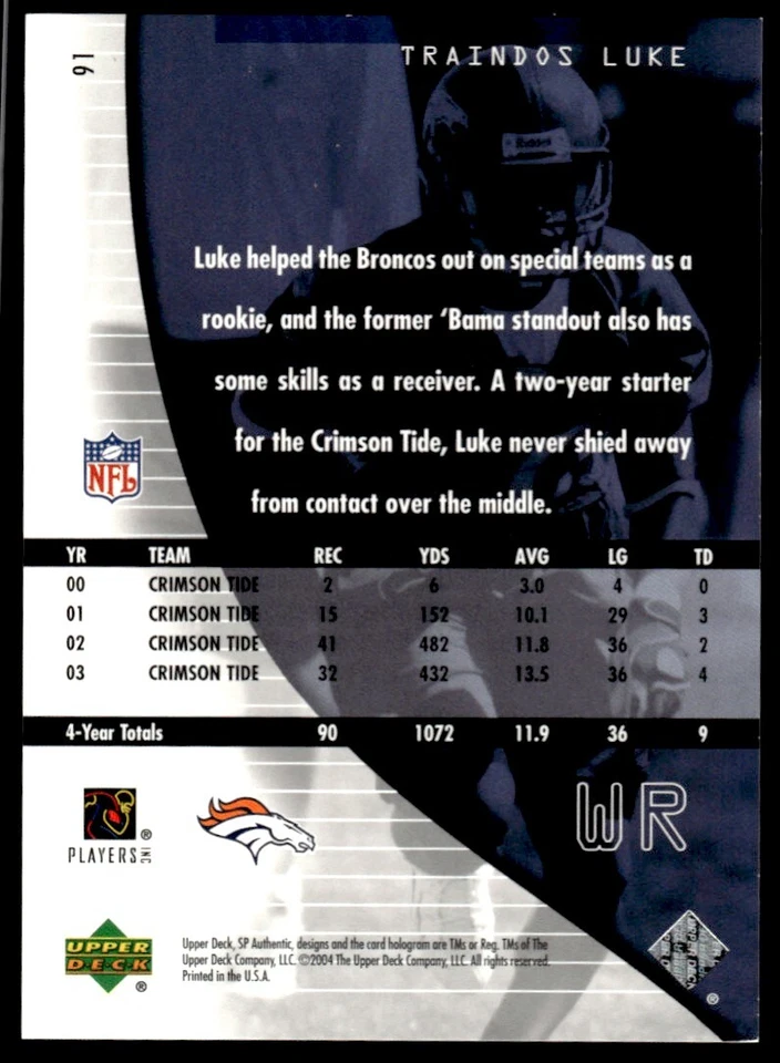 2004 SP Authentic Triandos Luke Rookie 0596/1199 Denver Broncos #91 R149 - Image 2 of 2