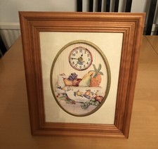 Vintage Still Life Fresh Fruit Pine Framed Glass Front Wall Free Standing Clock