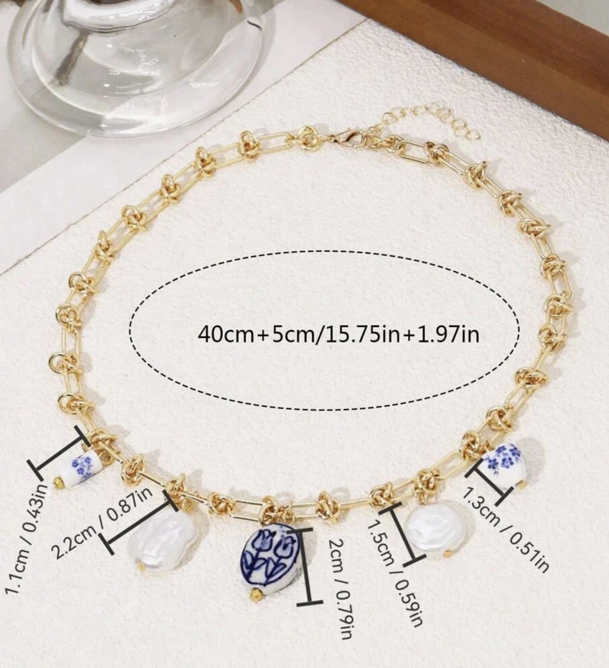 Collar Anthropologie Corazón Tulipán Flor Perla Cadena Boho Dije Oro Porcelana Foto 3 de 4