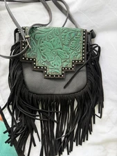Western Tooled Turquoise Floral Crossbody Bag Black Fringe Studded Southwest Boh