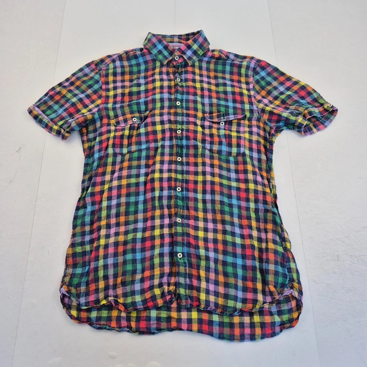 Camicia Uomo In Misto Lino Manica Corta - Stampa Vintage Etnica, Henley, Girocollo, Vestibilità Ampia, Taglie M-4XL