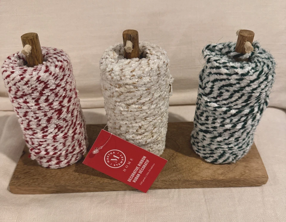 Martha Stewart Spools Holder 3 Chenille Ribbon Red Green White w/Gold New - Image 2 of 4