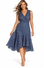 Eliza J Size 16W Blue Gingham Lined High Low Faux Wrap Fashionable Midi Dress