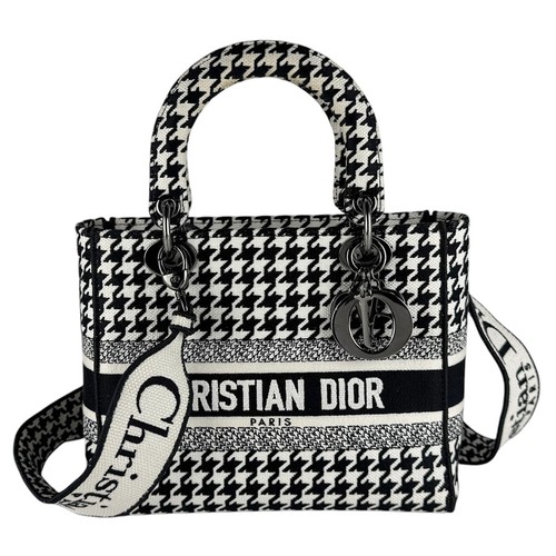 Auth Christian Dior Lady D-Lite Handbag Shoulder Bag Black/White Canvas - z10135