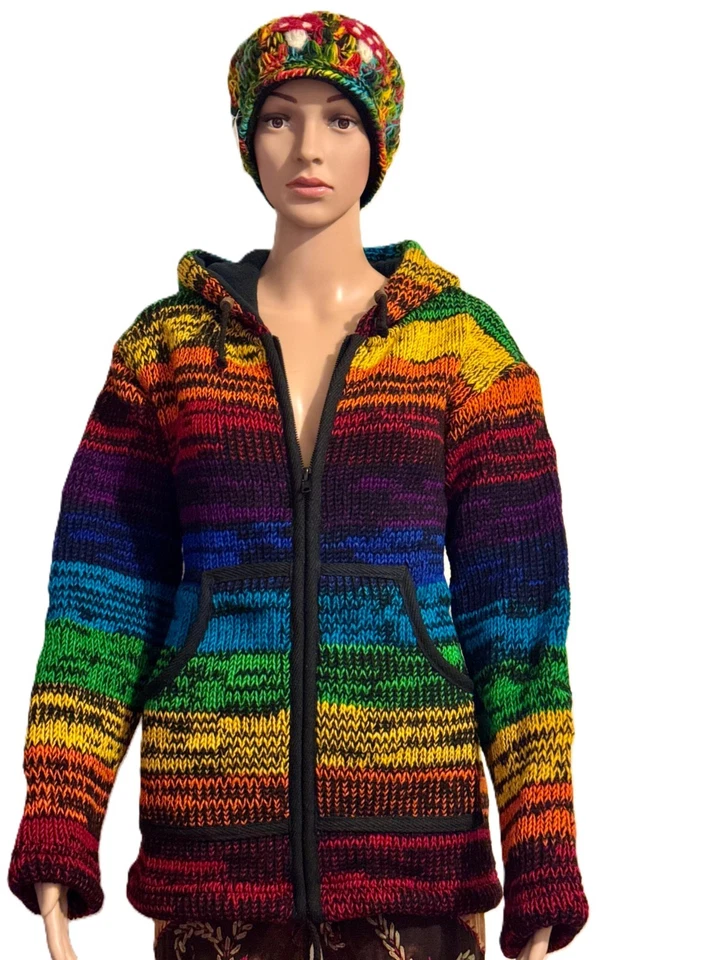 Handmade Rainbow Wool Fleece Lined Cardigan Hoodie by LoudElephant – Size M - Image 2 of 4