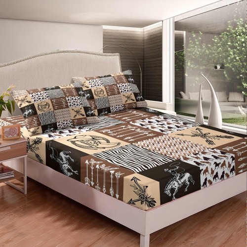 Western Cowboy Bed Sheet Queen Size,Boho Stripes Horse Arrow Print Top Flat S... - Picture 2 of 7