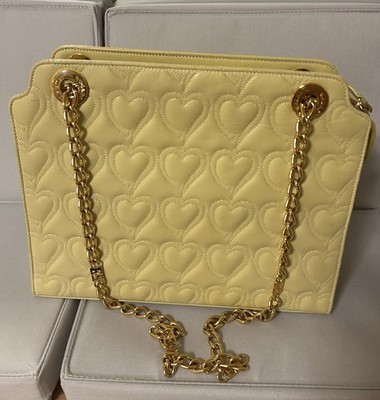 Vintage Escada Yellow Heart Quilted Leather Handbag With Chain Handles 