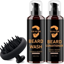 Beard Wash and Conditioner Silicone Beard Brush Set w/Argan Jojoba Oils -...