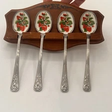 AVON Vintage Strawberry Fruit Motif Jelly Spoons Strawberry With Wood Holder